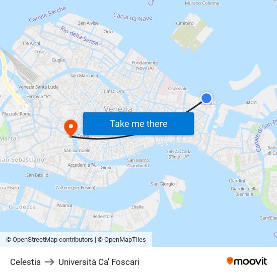Celestia to Università Ca' Foscari map