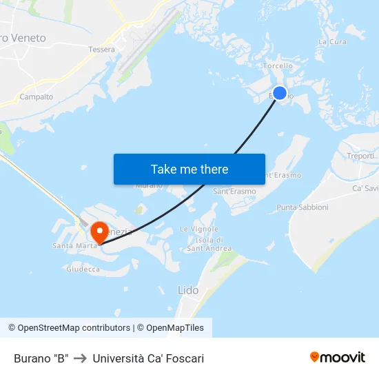 Burano "B" to Università Ca' Foscari map