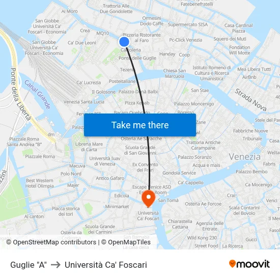 Guglie "A" to Università Ca' Foscari map