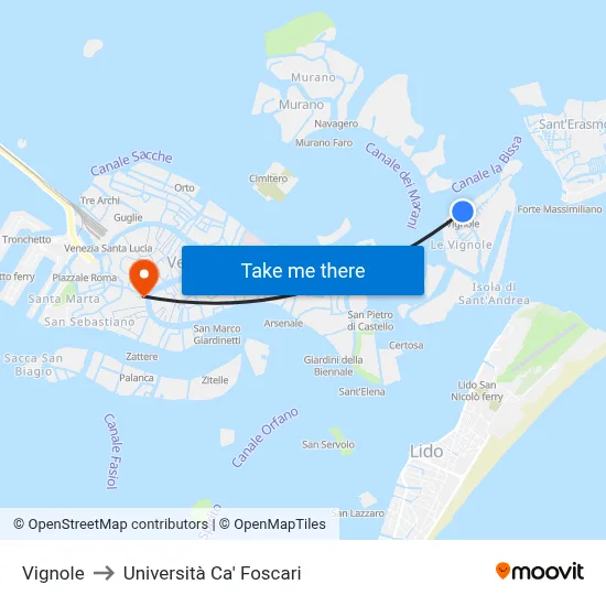 Vignole to Università Ca' Foscari map