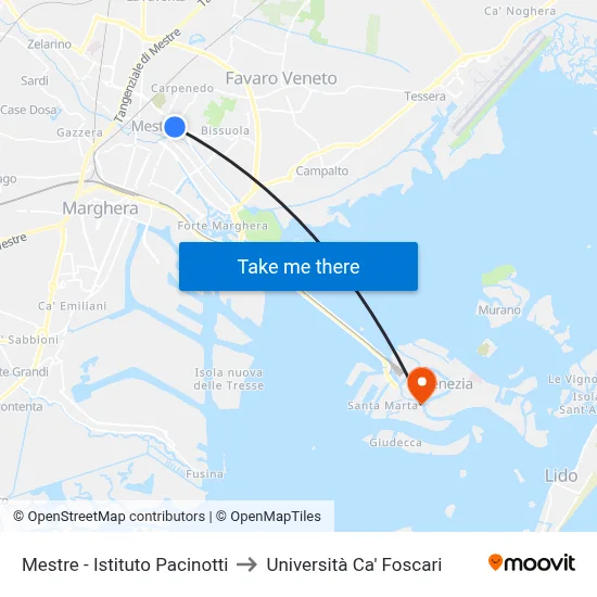 Mestre - Pacinotti Institute to Ca' Foscari University map