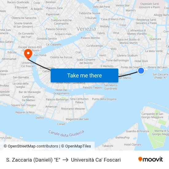 St. Zaccaria (Danieli) "E" to Ca' Foscari University map