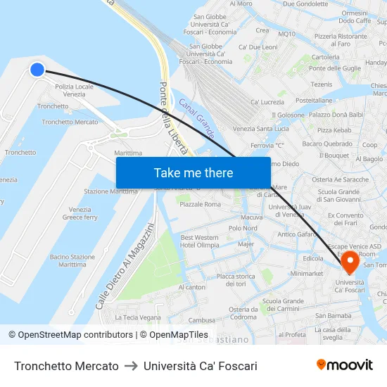 Tronchetto Market to Ca' Foscari University map