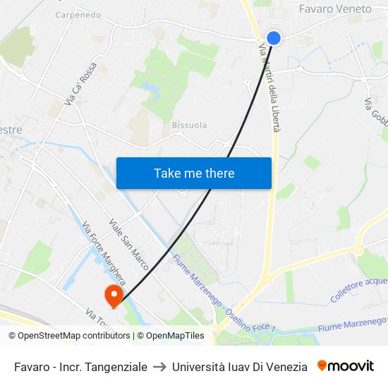 Favaro - Incr. Tangenziale to Università Iuav Di Venezia map