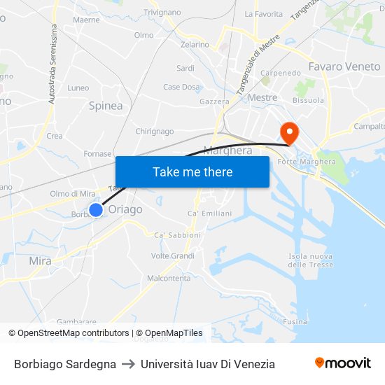 Borbiago Sardegna to Università Iuav Di Venezia map
