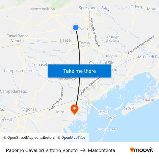 Paderno Cavalieri Vittorio Veneto to Malcontenta map