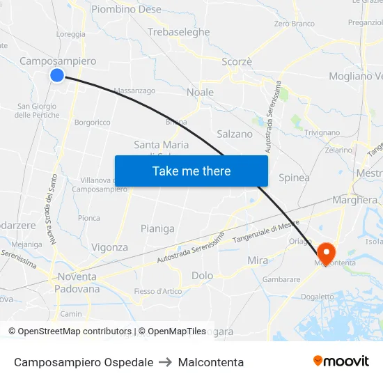 Camposampiero Hospital to Malcontenta map