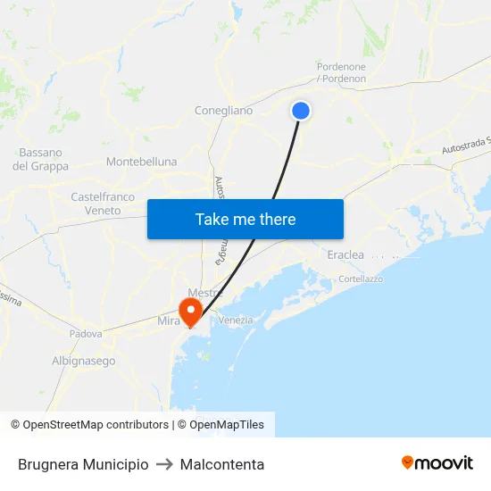 Brugnera Town Hall to Malcontenta map