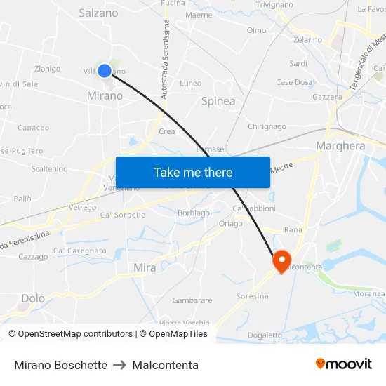 Mirano Boschette to Malcontenta map