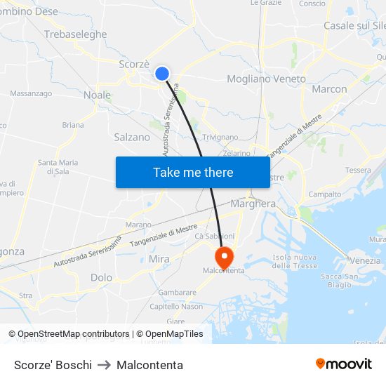 Scorze' Boschi to Malcontenta map