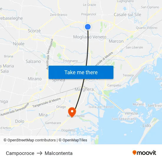 Campocroce to Malcontenta map