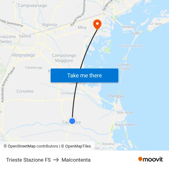 Trieste Railway Station to Malcontenta map