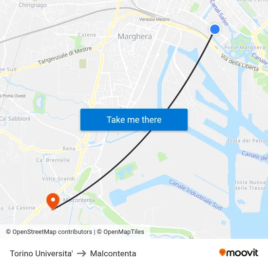 Turin University to Malcontenta map