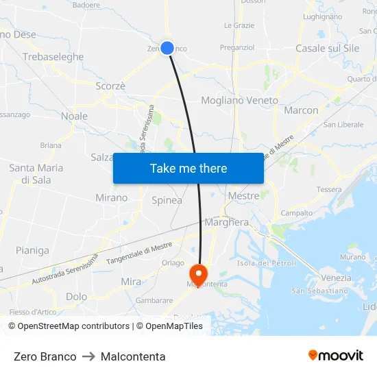 Zero Branco to Malcontenta map