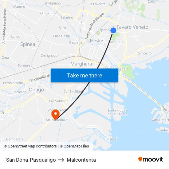 San Dona' Pasqualigo to Malcontenta map