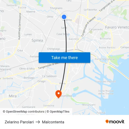 Zelarino Parolari to Malcontenta map