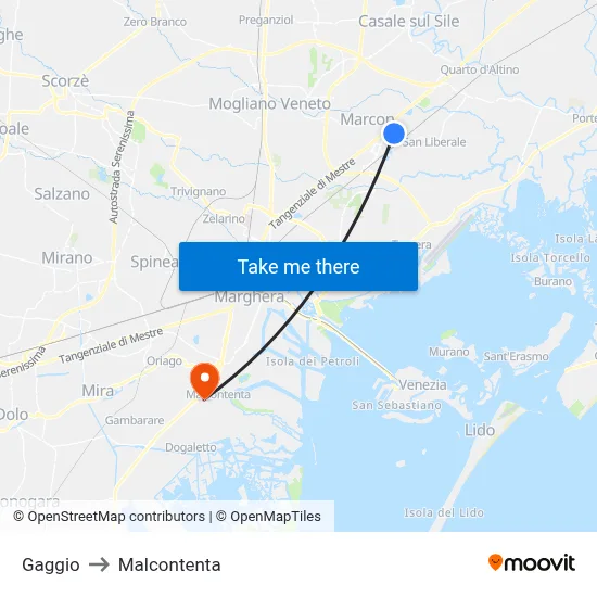 Gaggio to Malcontenta map