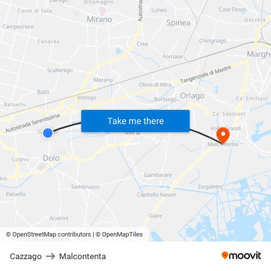 Cazzago to Malcontenta map