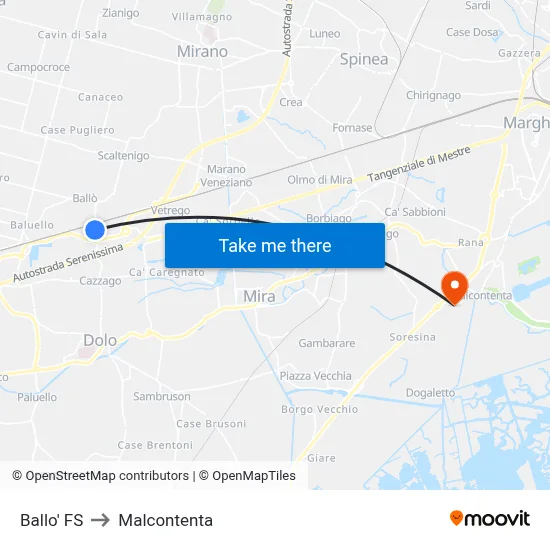 Ballo Train Station to Malcontenta map