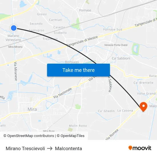 Mirano Trescievoli to Malcontenta map