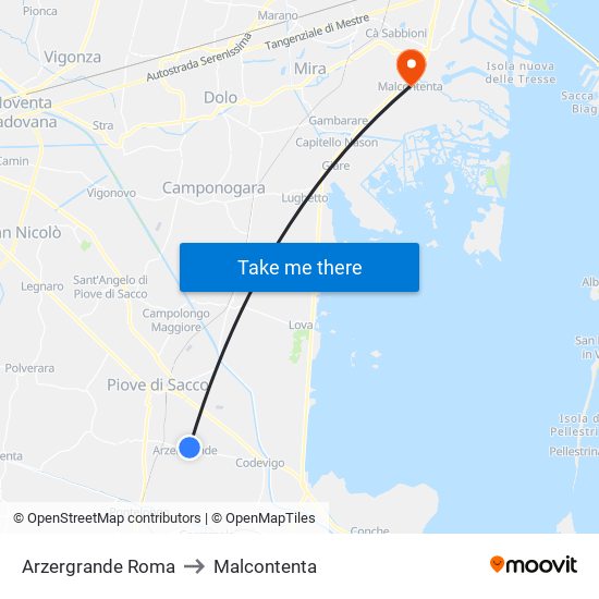 Arzergrande Roma to Malcontenta map