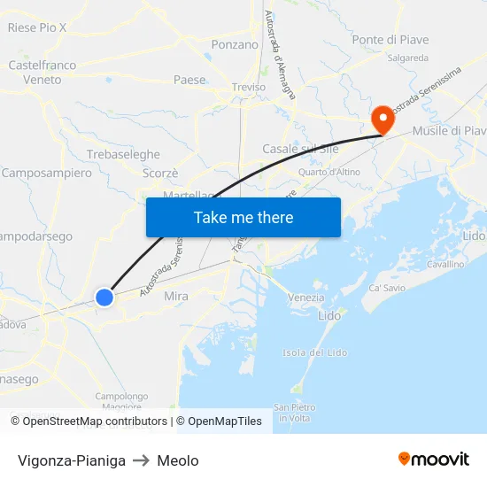 Vigonza-Pianiga to Meolo map
