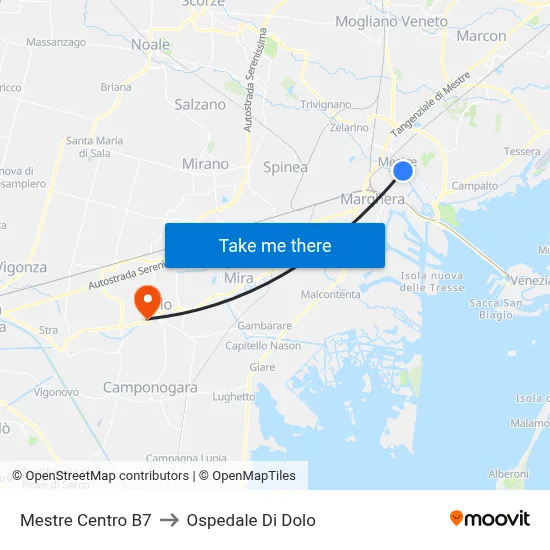 Mestre Center B7 to Dolo Hospital map