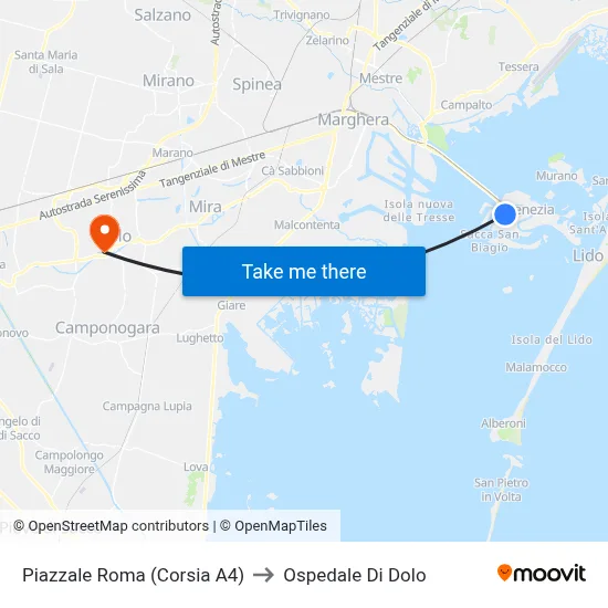 Piazzale Roma (Lane A4) to Dolo Hospital map