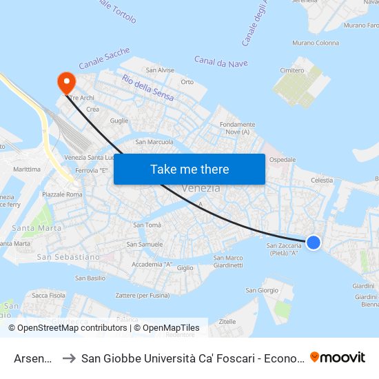 Arsenale to San Giobbe Università Ca' Foscari - Economia map