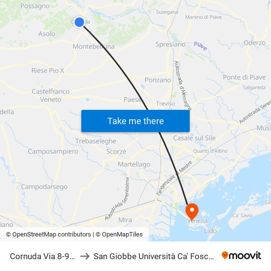 Cornuda  Via 8-9 Maggio to San Giobbe Università Ca' Foscari - Economia map