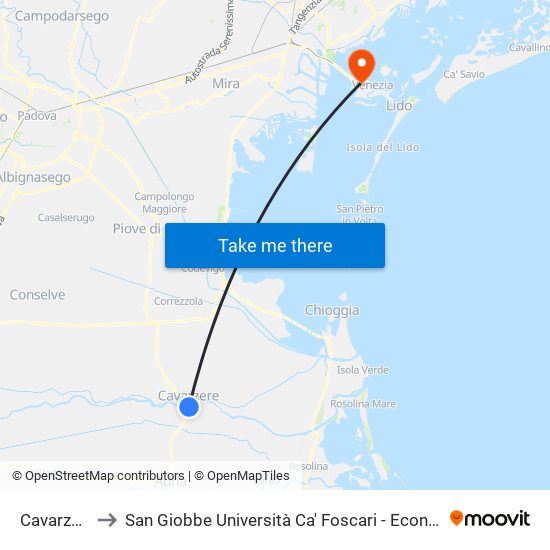 Cavarzere to San Giobbe Università Ca' Foscari - Economia map