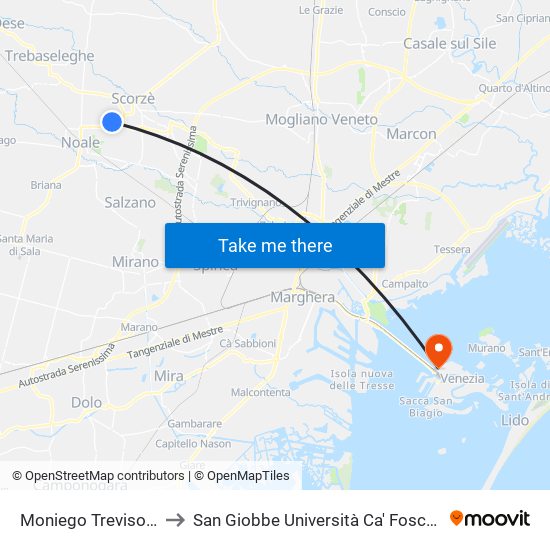 Moniego Treviso Vecchia to San Giobbe Università Ca' Foscari - Economia map