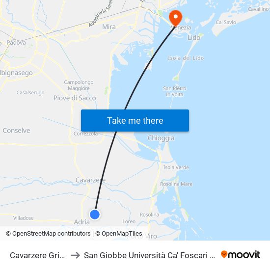 Cavarzere Grignella to San Giobbe Università Ca' Foscari - Economia map