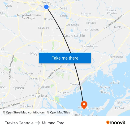 Treviso Centrale to Murano Faro map