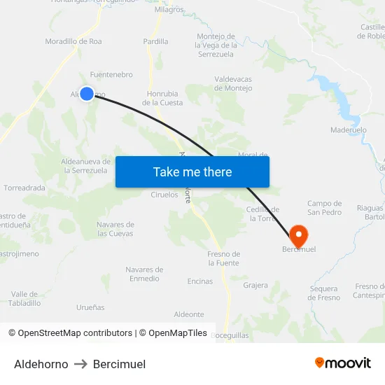 Aldehorno to Bercimuel map