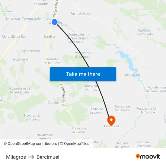 Milagros to Bercimuel map