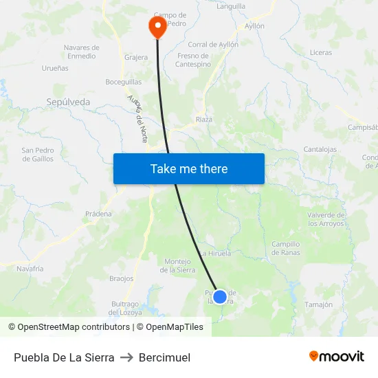 Puebla De La Sierra to Bercimuel map