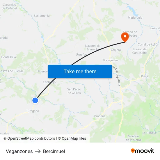 Veganzones to Bercimuel map
