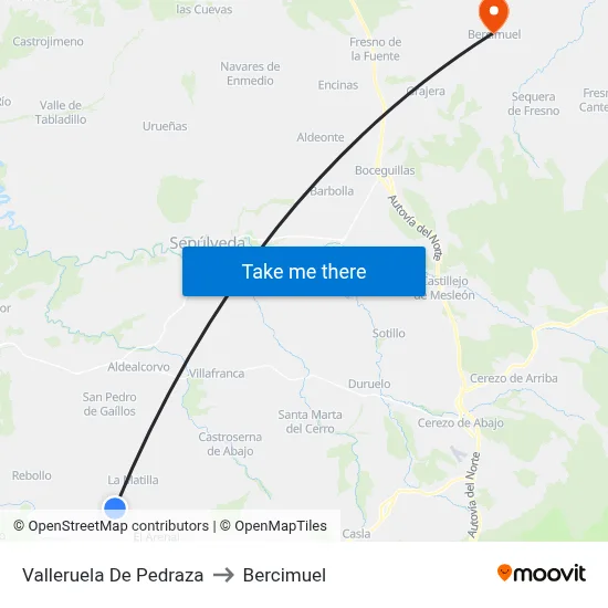 Valleruela De Pedraza to Bercimuel map