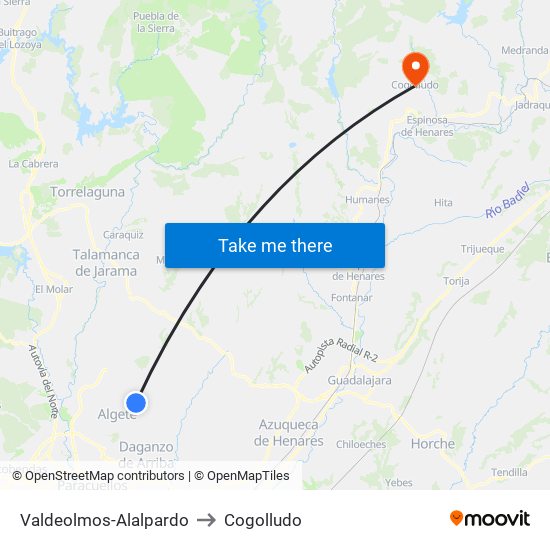 Valdeolmos-Alalpardo to Cogolludo map