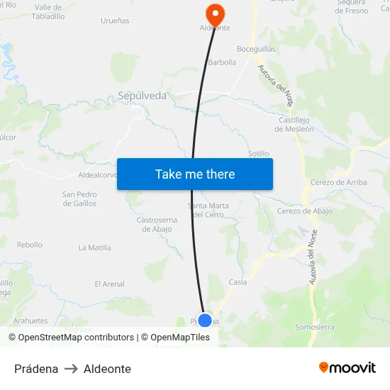 Prádena to Aldeonte map
