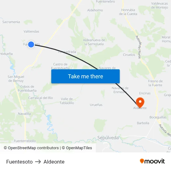 Fuentesoto to Aldeonte map