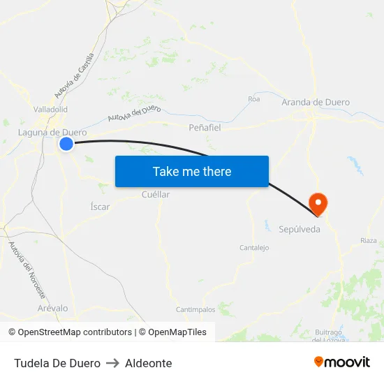 Tudela De Duero to Aldeonte map
