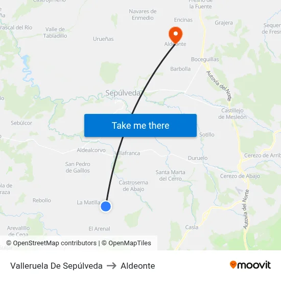 Valleruela De Sepúlveda to Aldeonte map