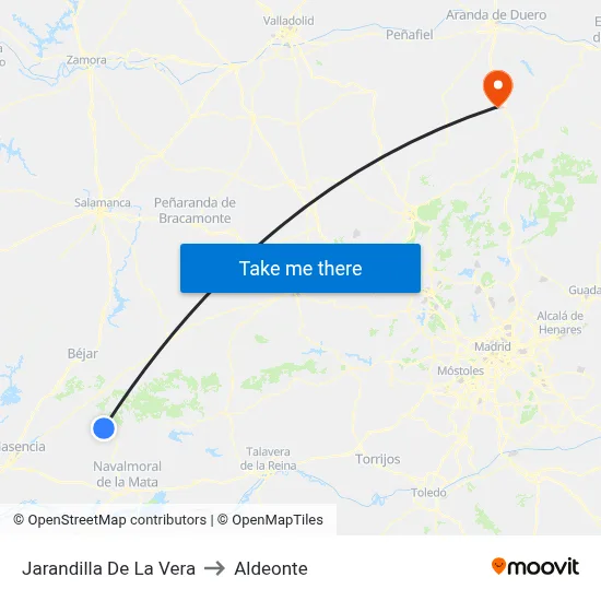 Jarandilla De La Vera to Aldeonte map