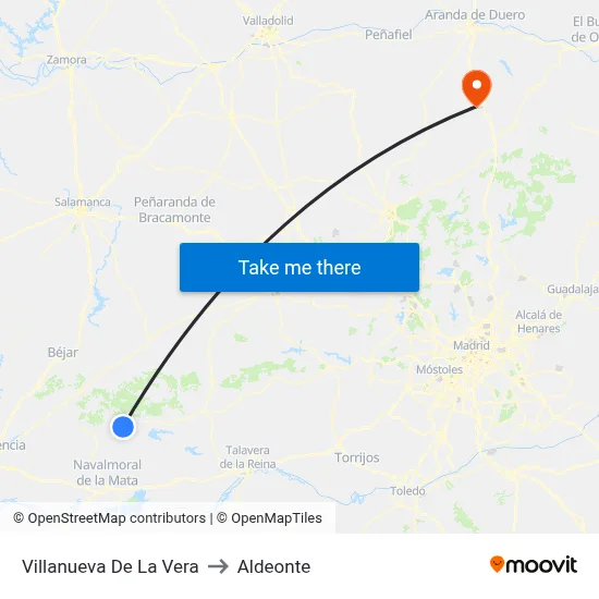 Villanueva De La Vera to Aldeonte map