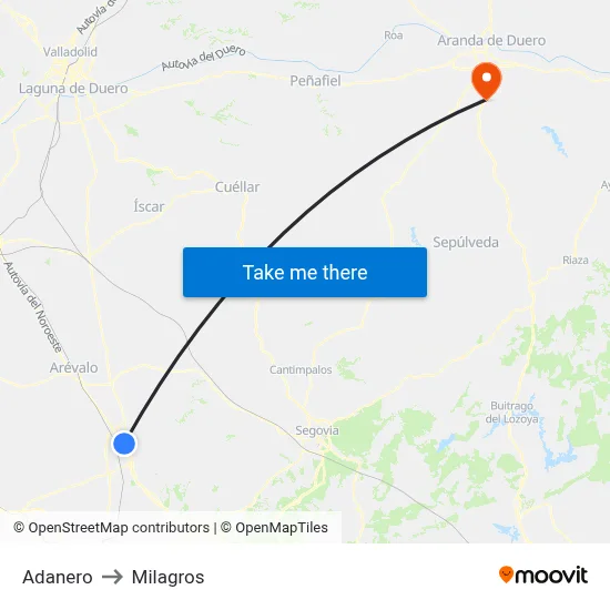 Adanero to Milagros map