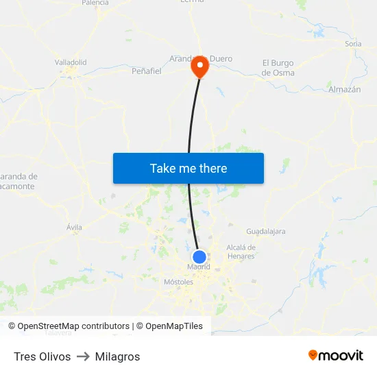 Tres Olivos to Milagros map