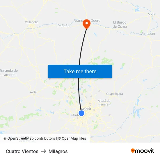 Cuatro Vientos to Milagros map