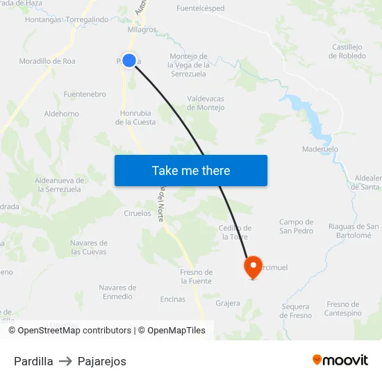 Pardilla to Pajarejos map